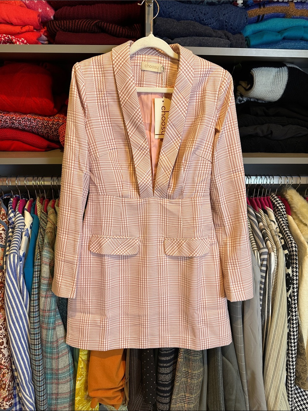 Choosy pink/white plaid long sleeve side zipper deep v blazer dress size 4 NWT